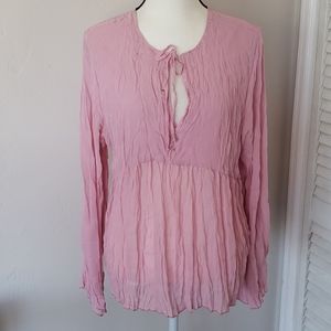 Pink Long Sleeve Peasant Top:beading & Tie at Neck